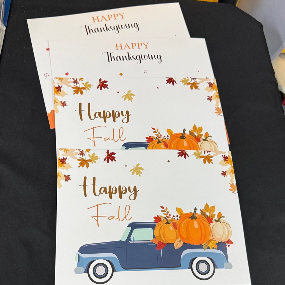 Happy Fall Thanksgiving Placemat Set 4 total with Blue Truck and Pumpkins family